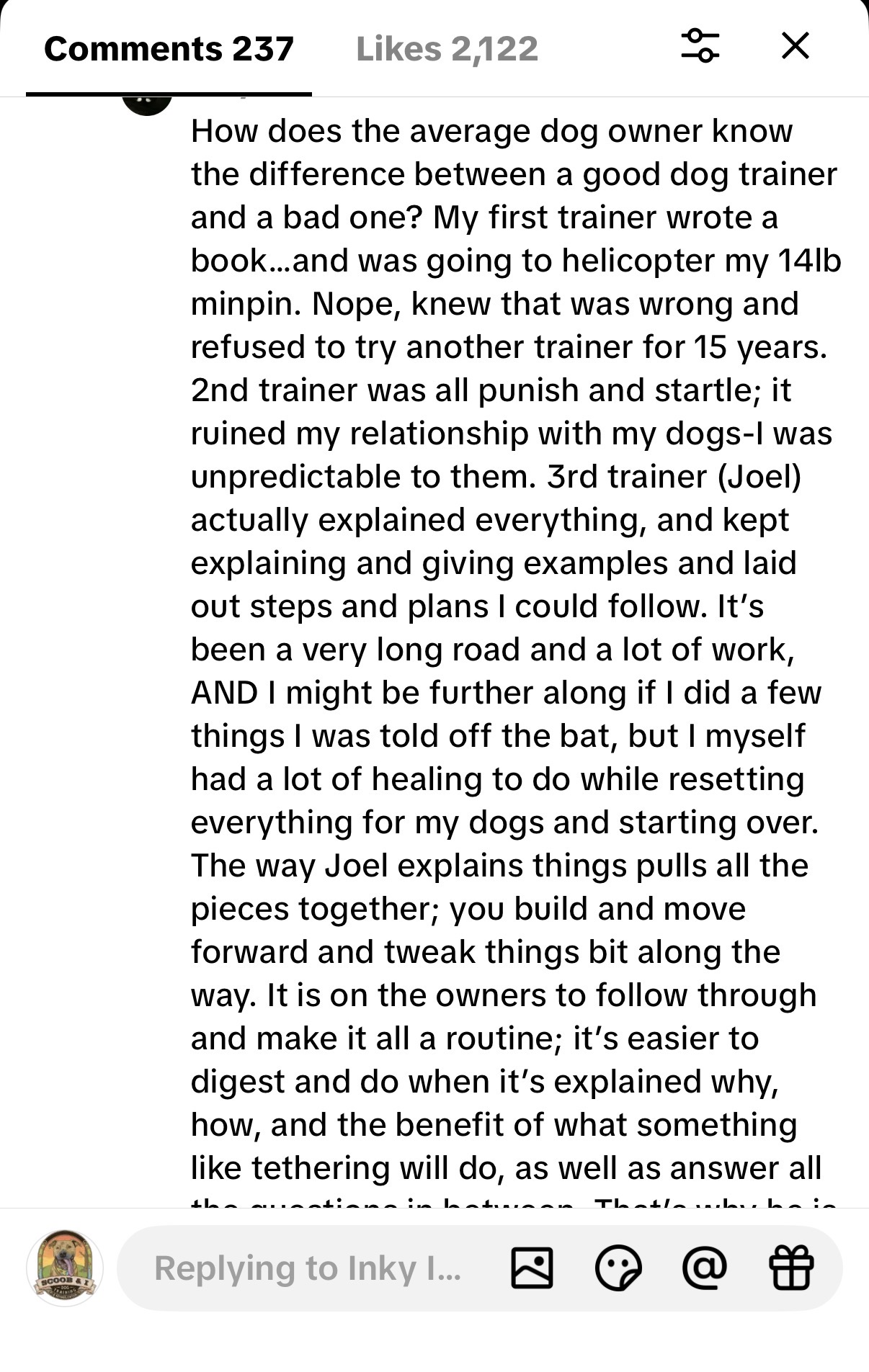 TikTok comment describing two bad trainers before Joel, who actually explained everything and laid out steps and plans to follow.